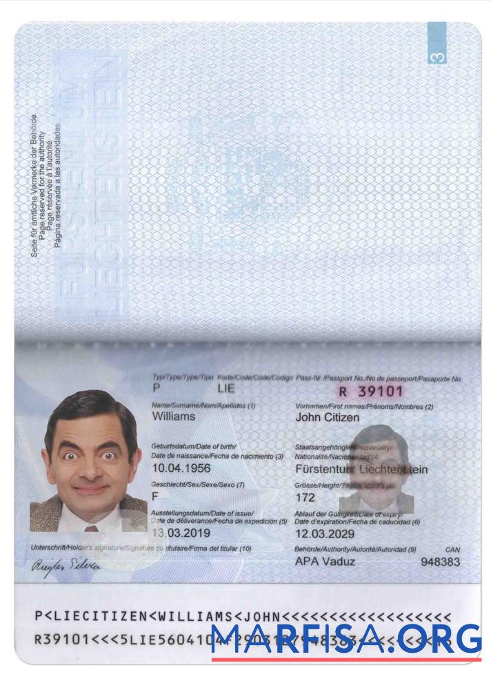 Realistic Liechtenstein passport template